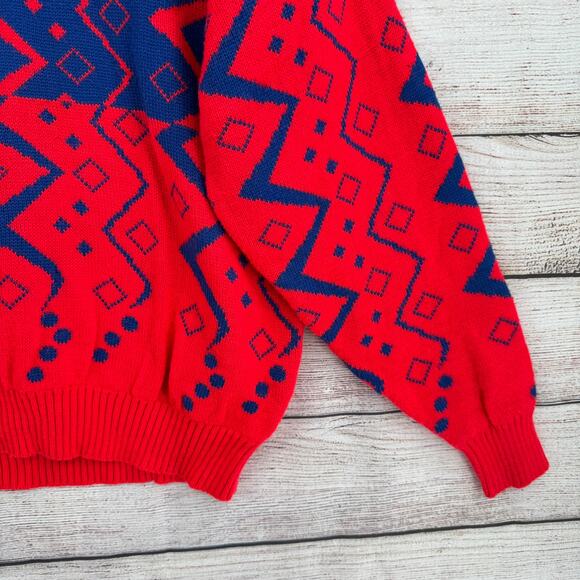 Vintage 80s Obermeyer Sport Crewneck Ski Sweater Mens Large Florescent Red Blue - Picture 6 of 13